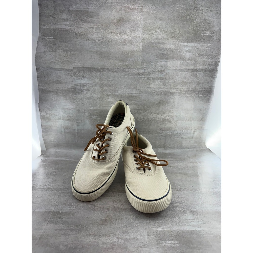 Sperry Men STS22052 Canvas Sneakers Cream Off-White Plaid Trim Size 8
